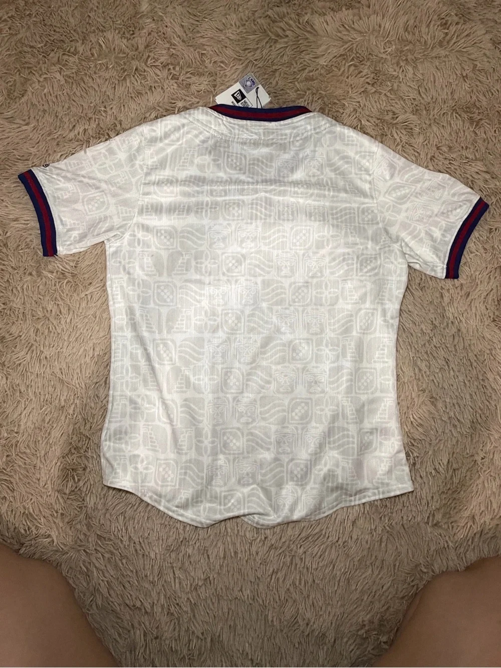 New Era White Olmecas Baseball Jersey with Blue & Red Trim